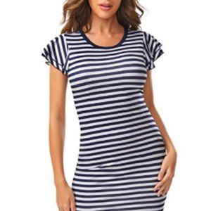 Ruffle Short Sleeve Tunic Striped Tshirt Dress L